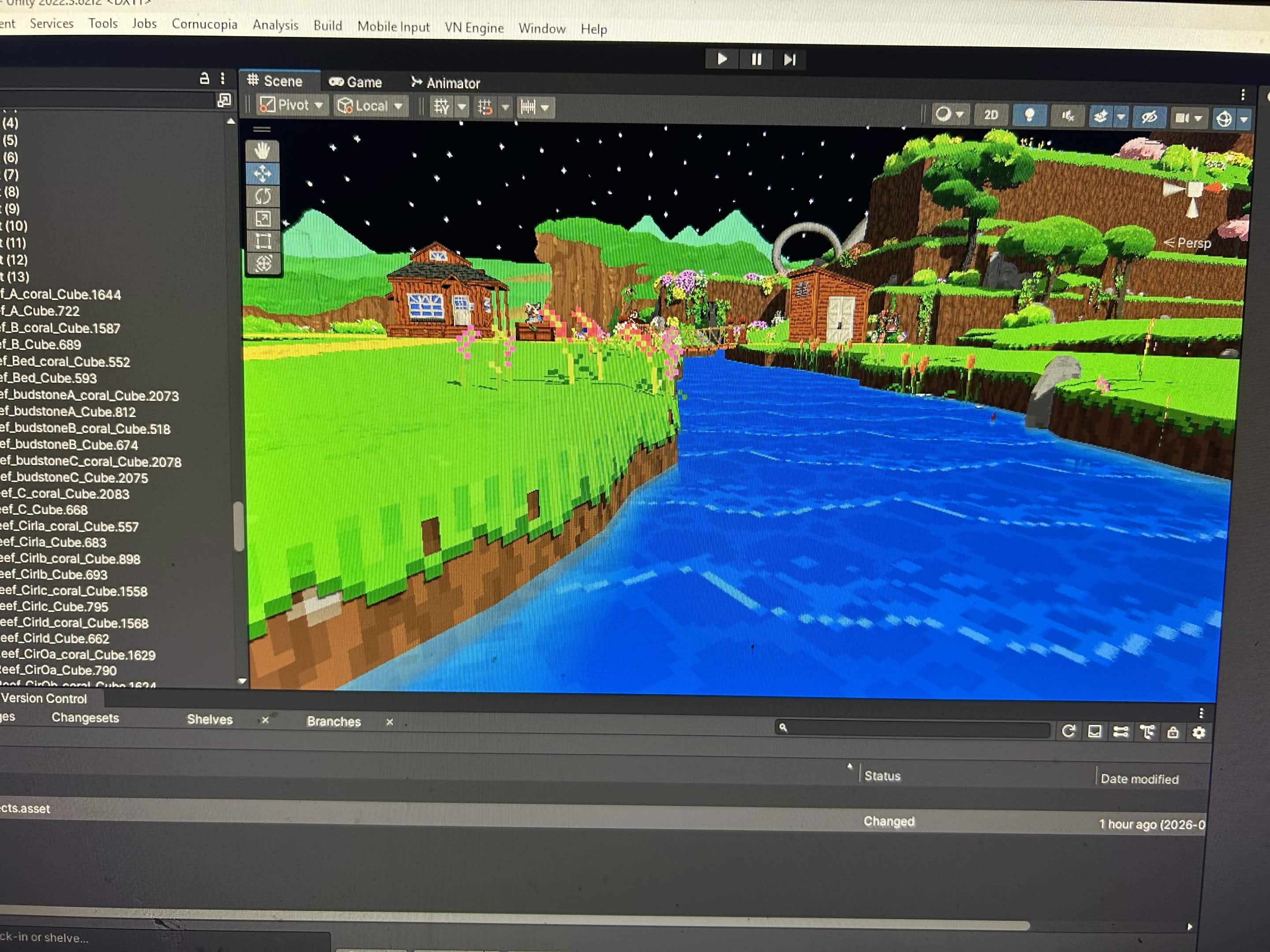 Cornucopia riverside terrain with grass and trees in the Unity editor showing new farm area layout