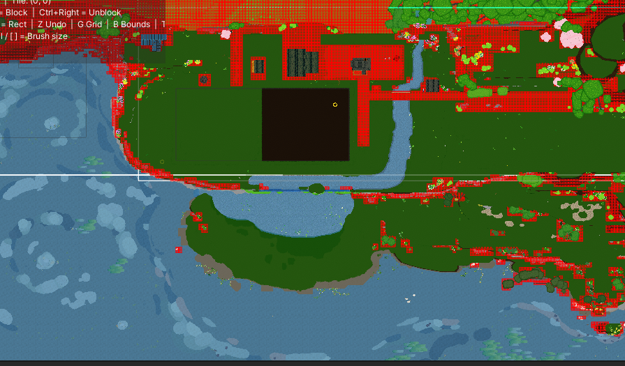 Top-down scene view of the farm terrain with red blocked tiles painted across decorative areas, progress indicator showing 85 percent complete