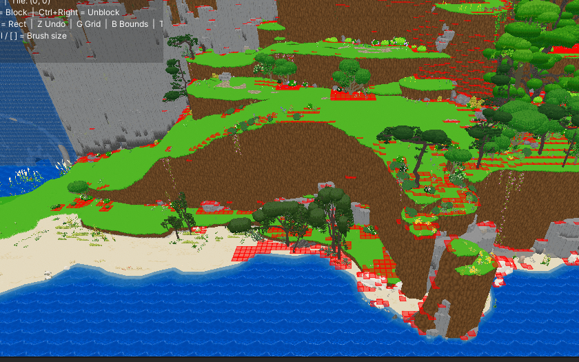 Perspective view of the ocean zone in Unity with red blocked tiles painted over cliff edges and decorative rocks