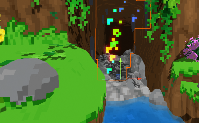 Scene view of a zone warp trigger in Unity, with a glowing particle effect marking the entry point between two zones