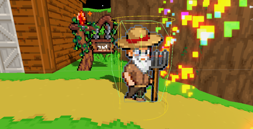 Scene view of Rufus placed next to a campfire in a zone to mark the player's warp landing position by the fire