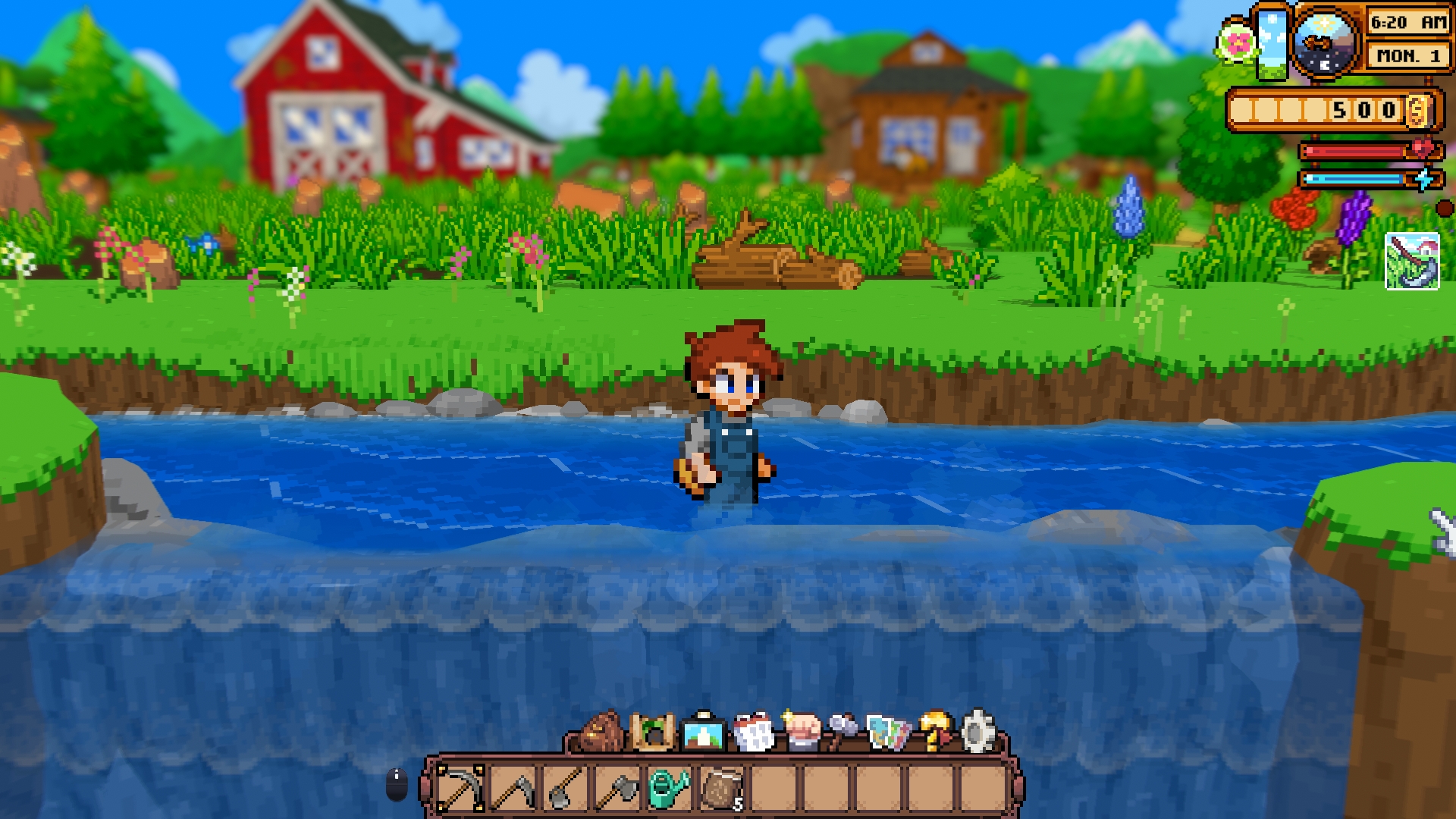 In-game screenshot of the player wading through the river out behind the farm, with the red barn and a log cabin visible on the grassy bank above
