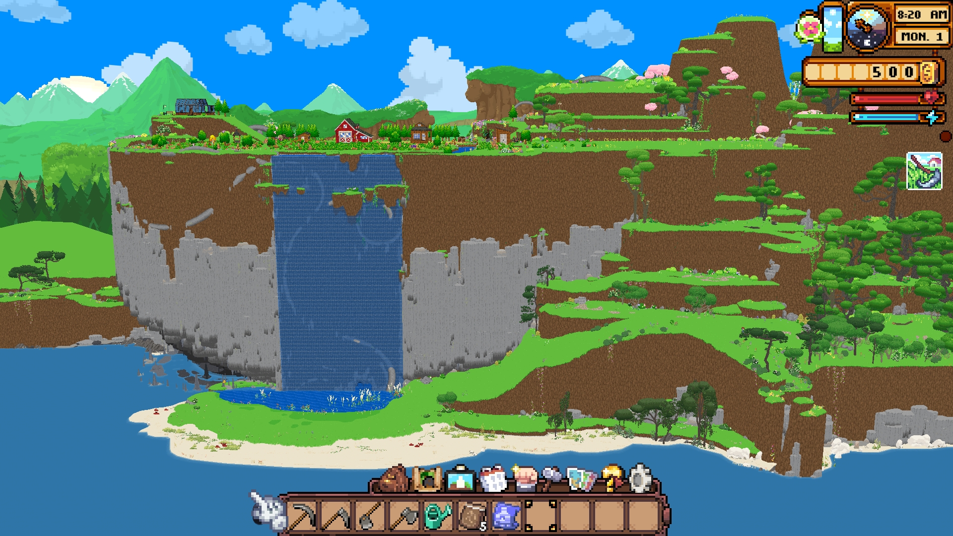 Wide establishing view of the Cornucopia map showing the farm at the top of the cliff, a waterfall cascading down into the pool, and the new beach and ocean zone below