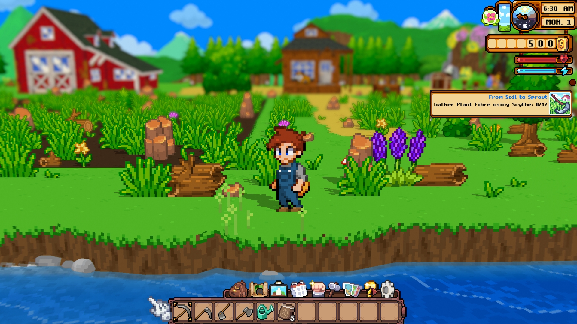 In-game screenshot of the player standing on the grassy edge of the farm next to purple flowers and a wooden log, with the red barn and a cabin in the background and water visible at the bottom of the screen