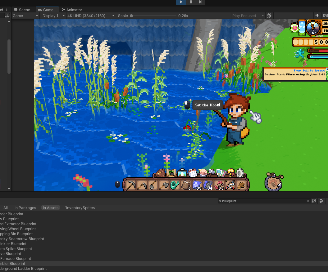 In-game screenshot of the player fishing in the new water area with tall grass reeds along the bank, a Set the Hook prompt floating above the fishing line