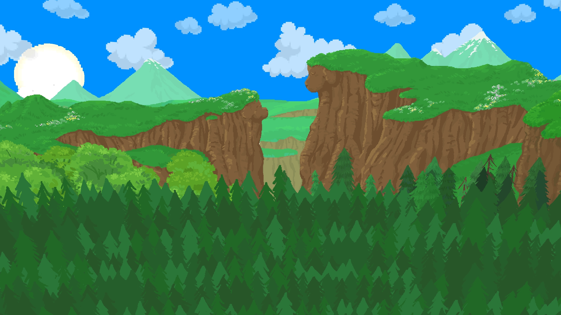 The new farm zone background artwork on its own, showing the sun rising over distant blue mountains, green rolling hills with brown cliff faces shaped like animal silhouettes, and a dense pine forest layered in the foreground