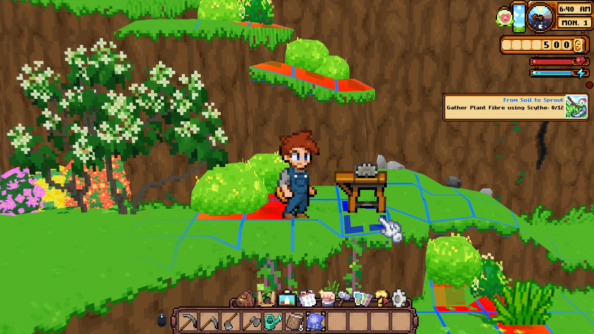 In-game screenshot of placement mode working correctly after the fix, with blue grid lines sitting flat on walkable ground and cliff faces kept clean, with red blocked tiles only around decorative flowers