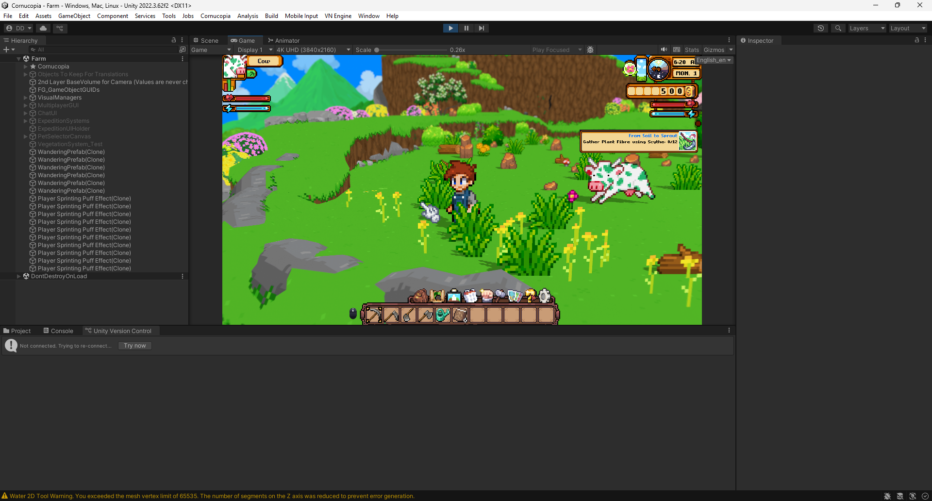 In-game screenshot of the player standing in a grassy meadow full of dandelions and rocks, with a cow following the player around the farm