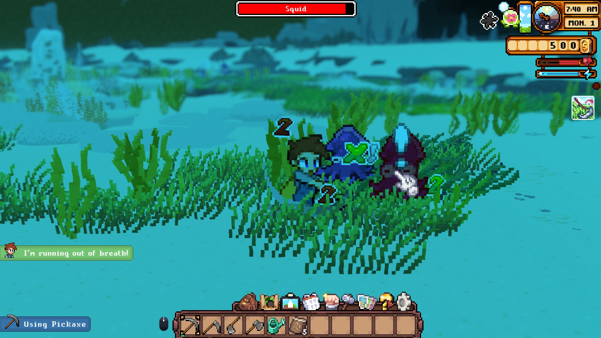 In-game underwater screenshot of the player fighting a purple squid enemy with a pickaxe amidst seaweed on the ocean floor, a speech bubble reading I am running out of breath above the player