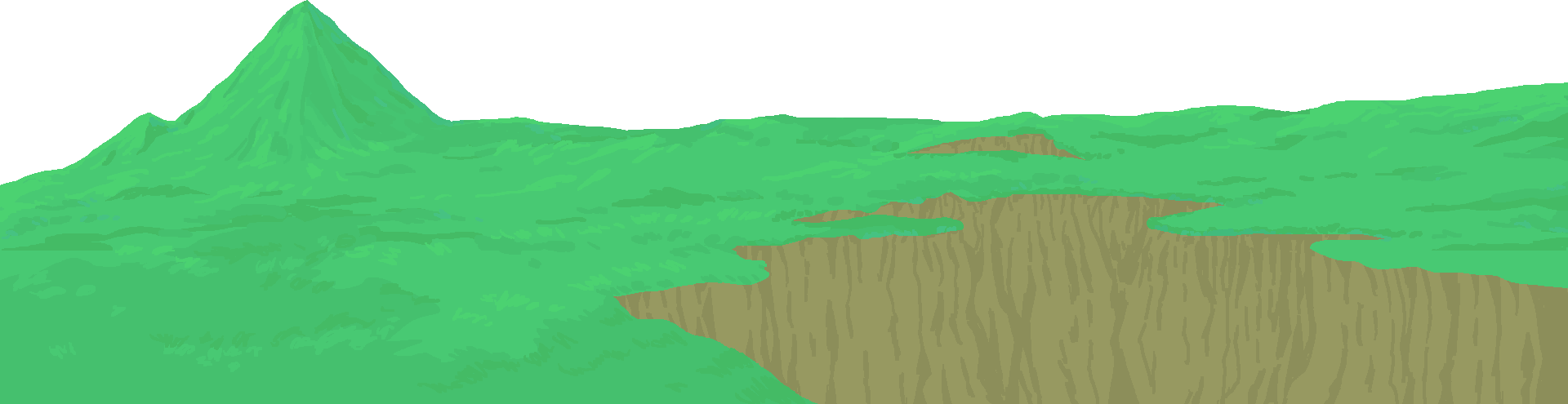 Mid-distance layer on its own, a rolling green hillside with a single tall green mountain peak on the left and brown cliff faces cut into the hills on the right