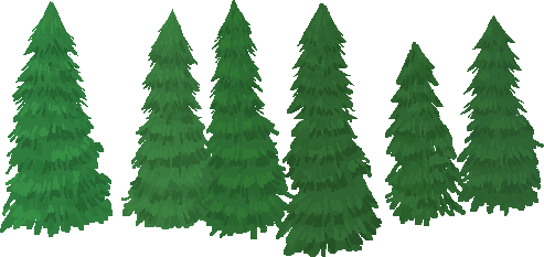 A small cluster of individual pine tree sprites of varying sizes, painted separately from the looping forest strip so they can be scattered around the scene one by one