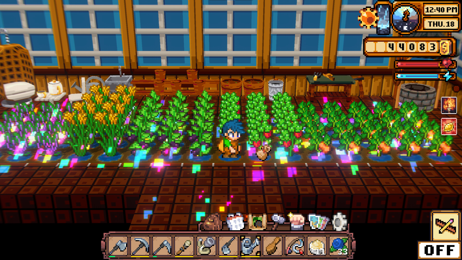 Glowing greenhouse interior with growing crops